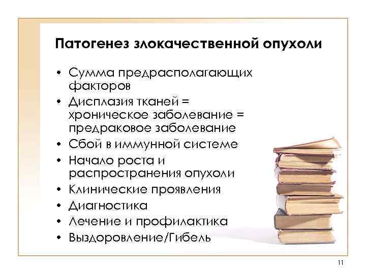Патогенез злокачественной опухоли • Сумма предрасполагающих факторов • Дисплазия тканей = хроническое заболевание =