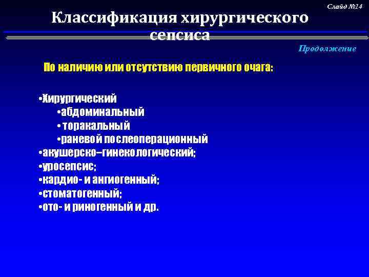 Классификация хирургического сепсиса Слайд № 14 Продолжение По наличию или отсутствию первичного очага: •