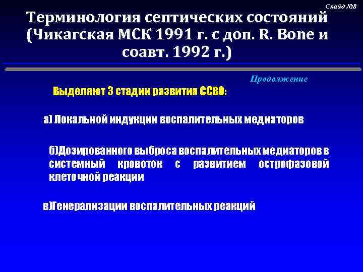 Слайд № 8 Терминология септических состояний (Чикагская МСК 1991 г. с доп. R. Bone