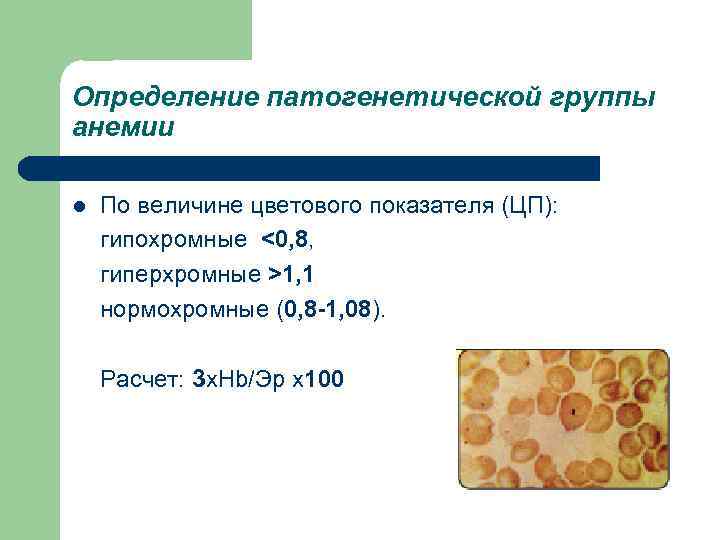 Определение патогенетической группы анемии l По величине цветового показателя (ЦП): гипохромные <0, 8, гиперхромные