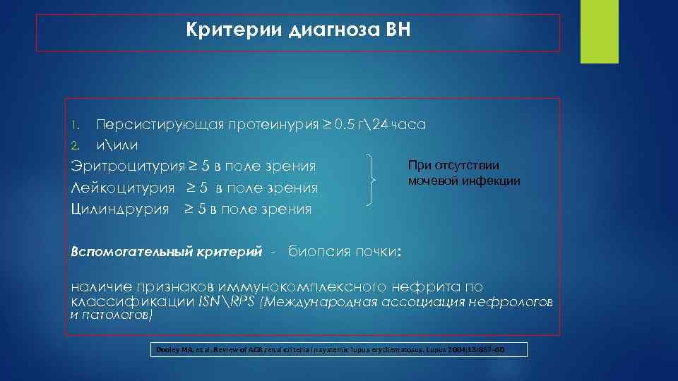 Критерии диагноза ВН 1. 2. Персистирующая протеинурия ≥ 0. 5 г24 часа иили Эритроцитурия