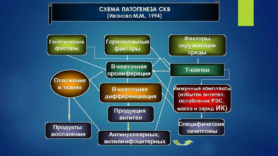 СХЕМА ПАТОГЕНЕЗА СКВ (Иванова М. М. , 1994) Отложение в тканях Гормональные факторы Факторы