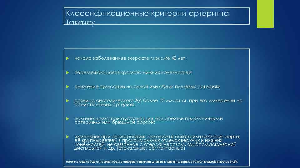 Классификационные критерии артериита Такаясу начало заболевания в возрасте моложе 40 лет; перемежающаяся хромота нижних