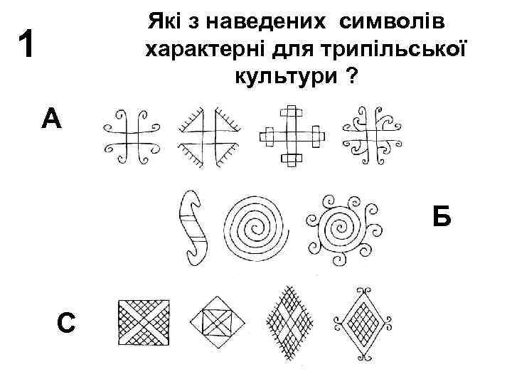 Які з наведених символів характерні для трипільської культури ? 1 А Б С 