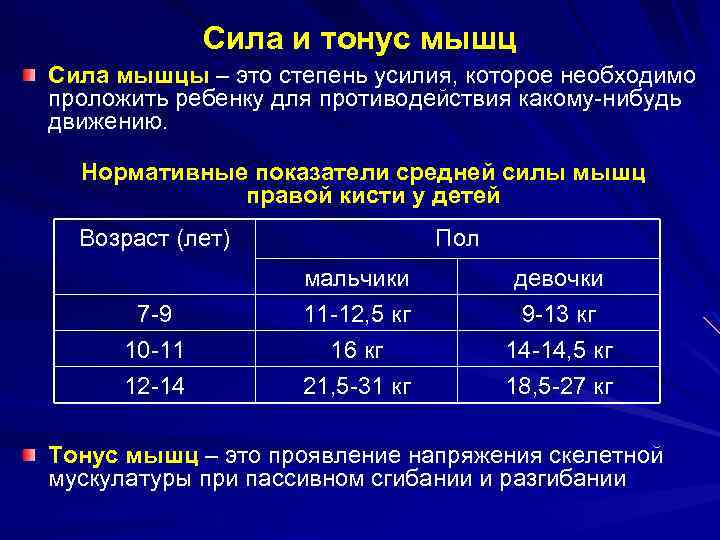 Сила и тонус мышц Сила мышцы – это степень усилия, которое необходимо проложить ребенку