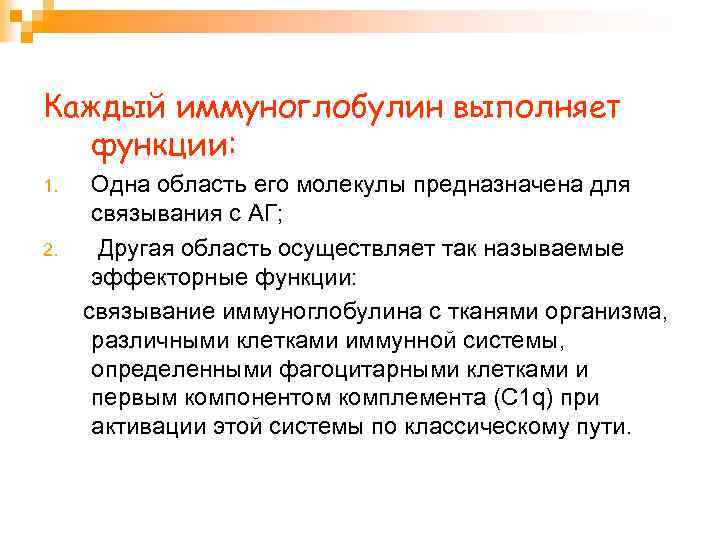 Каждый иммуноглобулин выполняет функции: 1. 2. Одна область его молекулы предназначена для связывания с