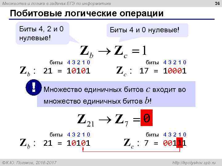 36 Множества и логика в задачах ЕГЭ по информатике Побитовые логические операции Биты 4,