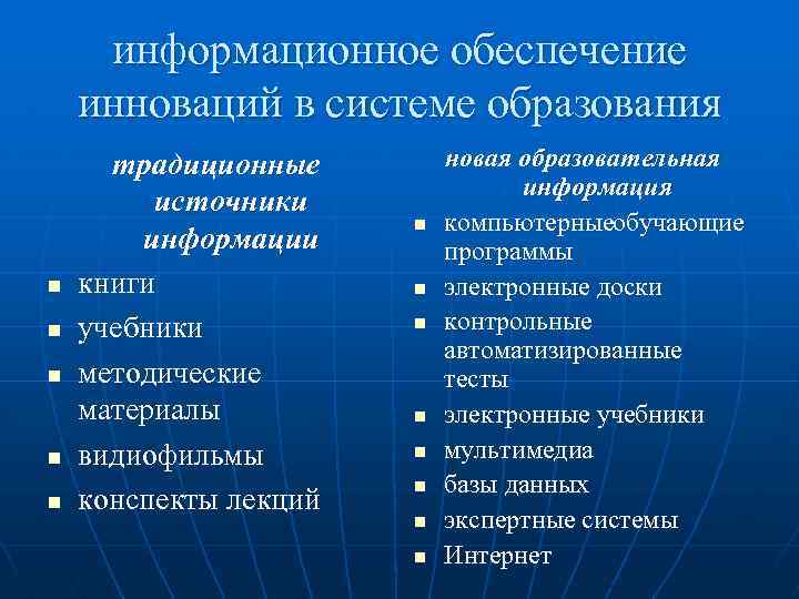 информационное обеспечение инноваций в системе образования n n n традиционные источники информации книги учебники