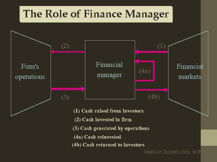 The Role of Finance Manager (2) (1) Financial manager Firm's operations (4 a) Financial
