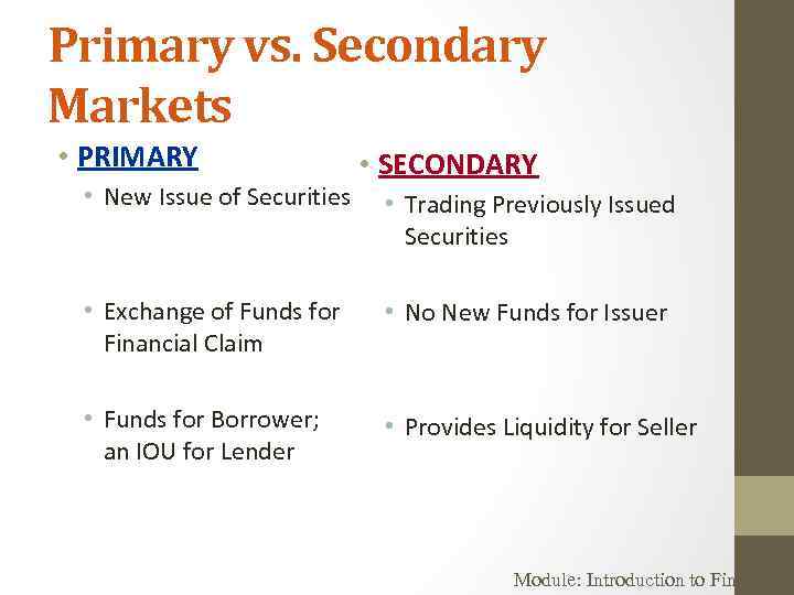 Primary vs. Secondary Markets • PRIMARY • New Issue of Securities • SECONDARY •