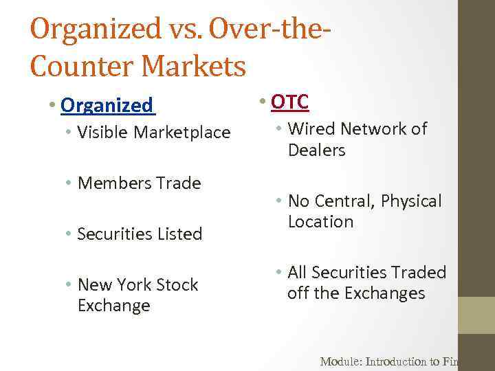 Organized vs. Over-the. Counter Markets • Organized • Visible Marketplace • Members Trade •