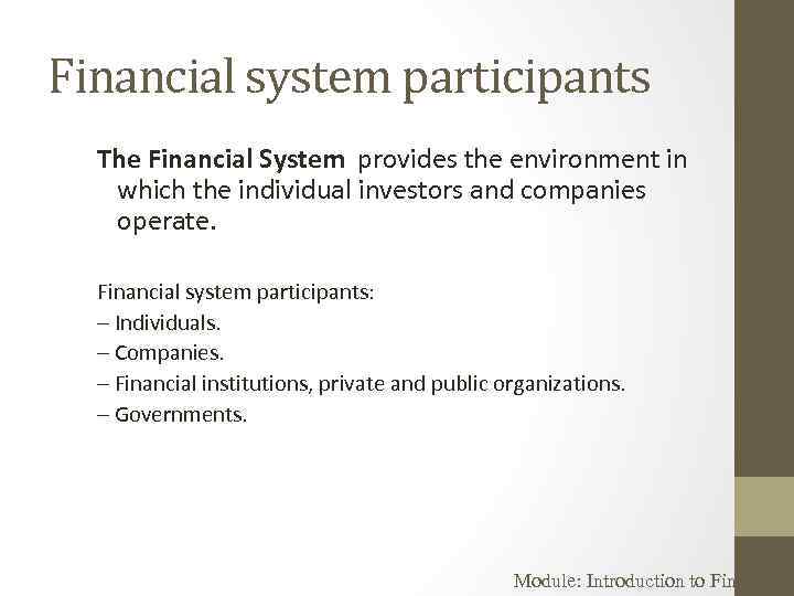 Financial system participants The Financial System provides the environment in which the individual investors