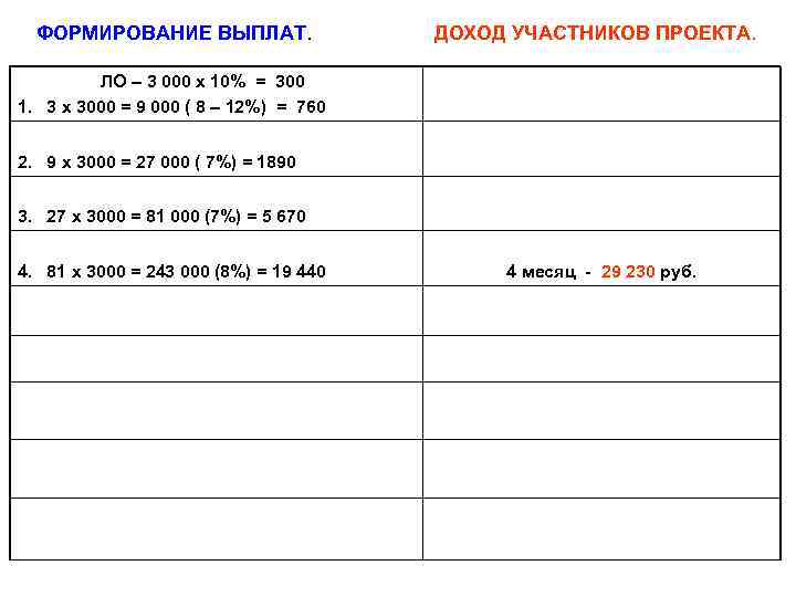 ФОРМИРОВАНИЕ ВЫПЛАТ. ДОХОД УЧАСТНИКОВ ПРОЕКТА. ЛО – 3 000 х 10% = 300 1.