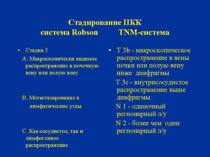 Стадирование ПКК система Robson TNM-система • Стадия 3 А. Макроскопически видимое распространение в почечную