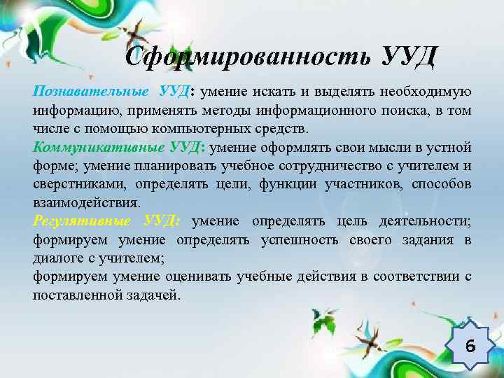 Сформированность УУД Познавательные УУД: умение искать и выделять необходимую информацию, применять методы информационного поиска,