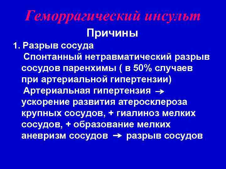 Геморрагический инсульт Причины 1. Разрыв сосуда Спонтанный нетравматический разрыв сосудов паренхимы ( в 50%