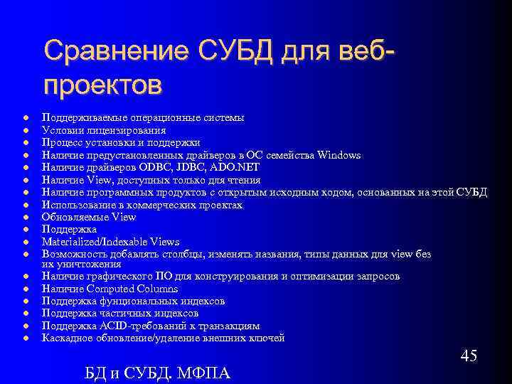 Сравнение СУБД для вебпроектов Поддерживаемые операционные системы Условии лицензирования Процесс установки и поддержки Наличие