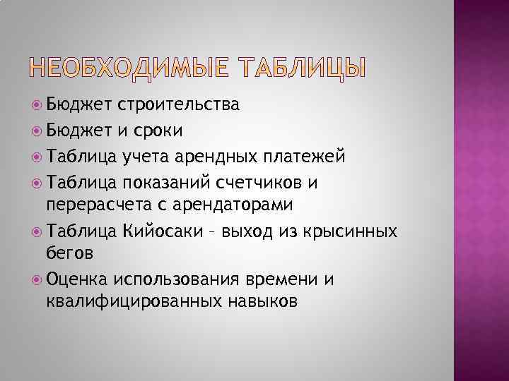  Бюджет строительства Бюджет и сроки Таблица учета арендных платежей Таблица показаний счетчиков и