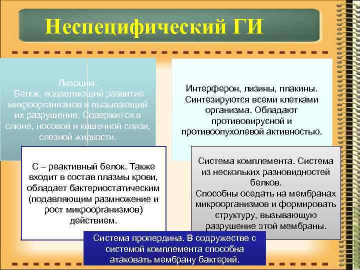 Неспецифический ГИ Лизоцим. Белок, подавляющий развитие микроорганизмов и вызывающий их разрушение. Содержится в слюне,