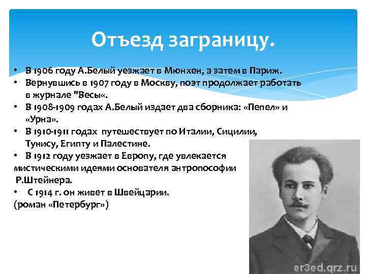 Отъезд заграницу. • В 1906 году А. Белый уезжает в Мюнхен, а затем в