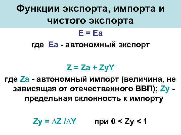 Функции экспорта, импорта и чистого экспорта Е = Еа где Еа - автономный экспорт