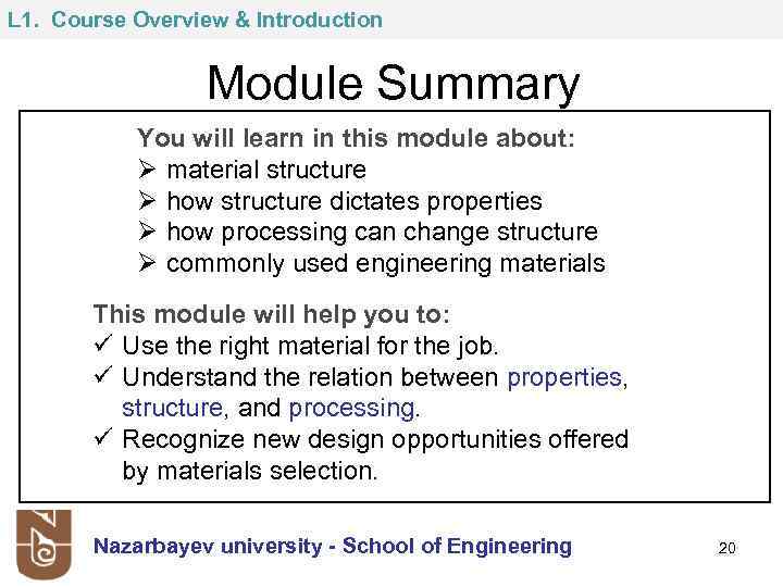 L 1. Course Overview & Introduction Module Summary You will learn in this module