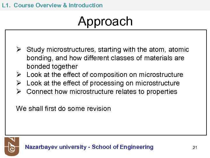 L 1. Course Overview & Introduction Approach Ø Study microstructures, starting with the atom,