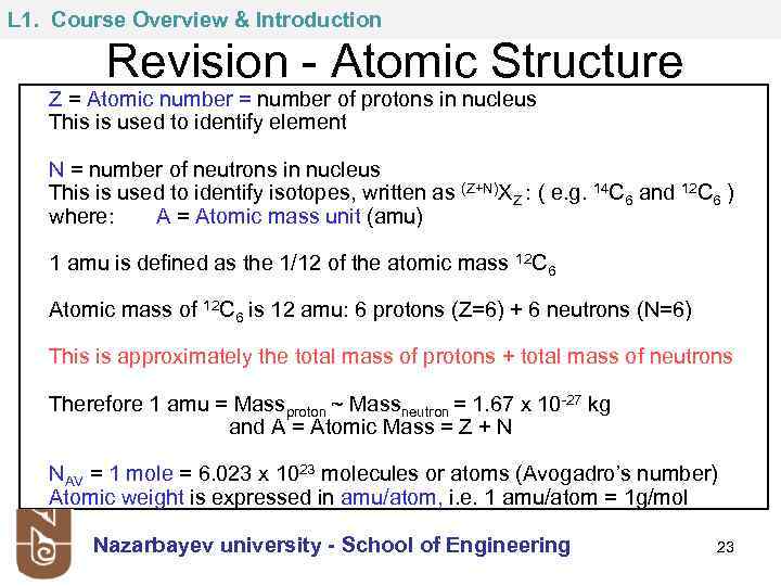 L 1. Course Overview & Introduction Revision - Atomic Structure Z = Atomic number