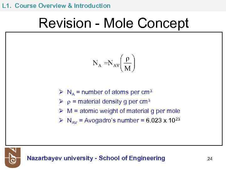 L 1. Course Overview & Introduction Revision - Mole Concept Ø Ø NA =