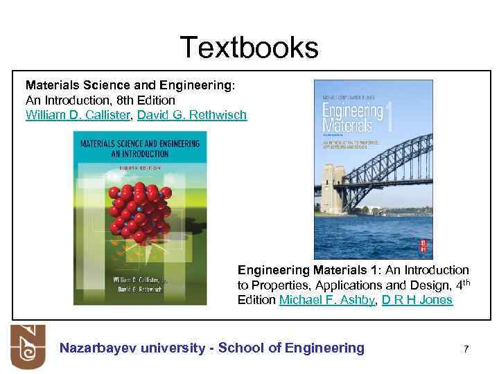 Textbooks Materials Science and Engineering: An Introduction, 8 th Edition William D. Callister, David