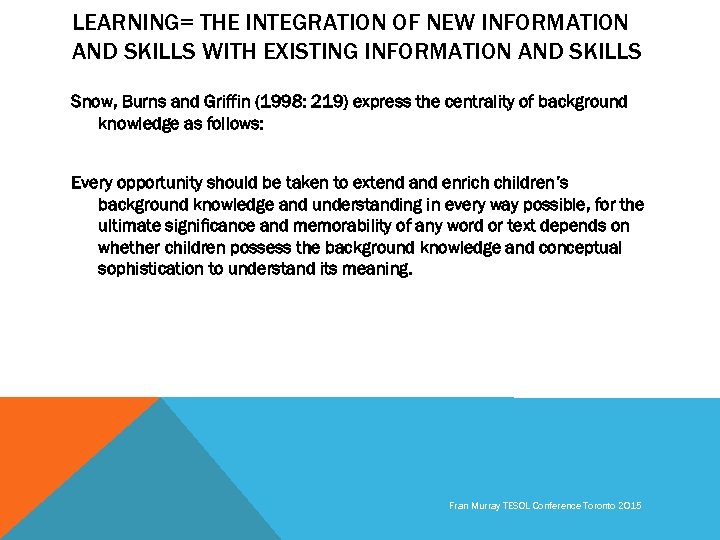 LEARNING= THE INTEGRATION OF NEW INFORMATION AND SKILLS WITH EXISTING INFORMATION AND SKILLS Snow,