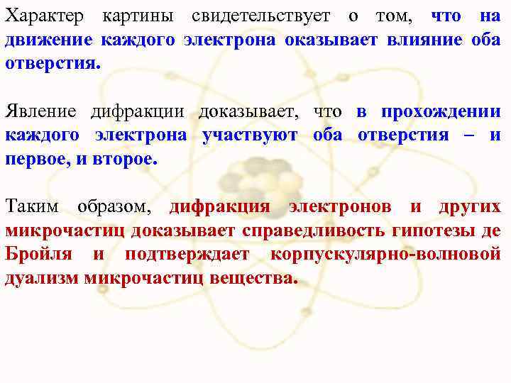 Характер картины свидетельствует о том, что на движение каждого электрона оказывает влияние оба отверстия.