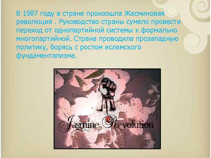 В 1987 году в стране произошла Жасминовая революция. Руководство страны сумело провести переход от