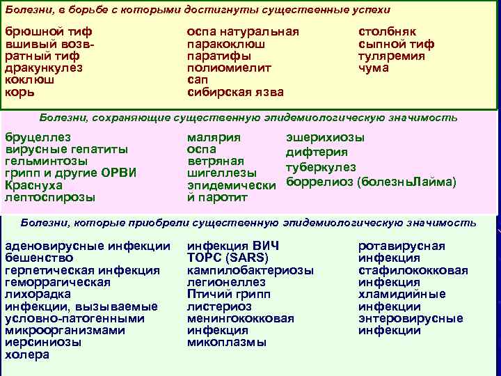 Болезни, в борьбе с которыми достигнуты существенныенозологических Эпидемиологическая значимость различных успехи форм в современной