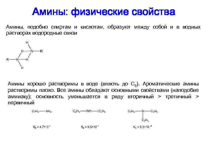 Амины: физические свойства Амины, подобно спиртам и кислотам, образуют между собой и в водных