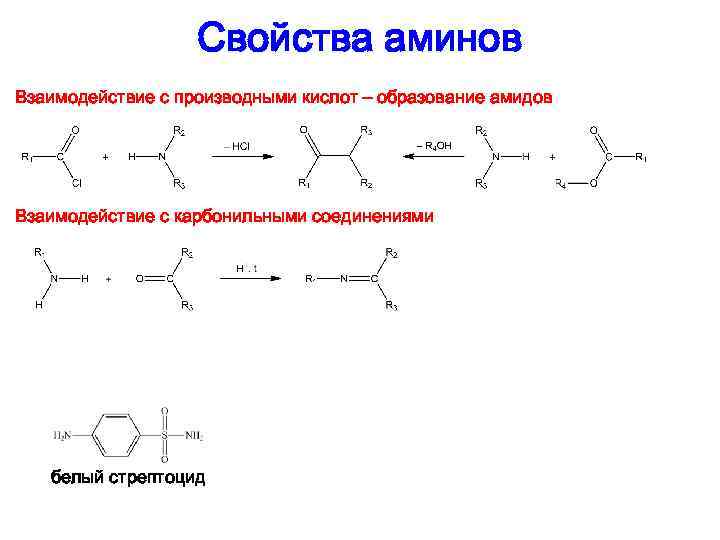 Свойства аминов Взаимодействие с производными кислот – образование амидов Взаимодействие с карбонильными соединениями белый