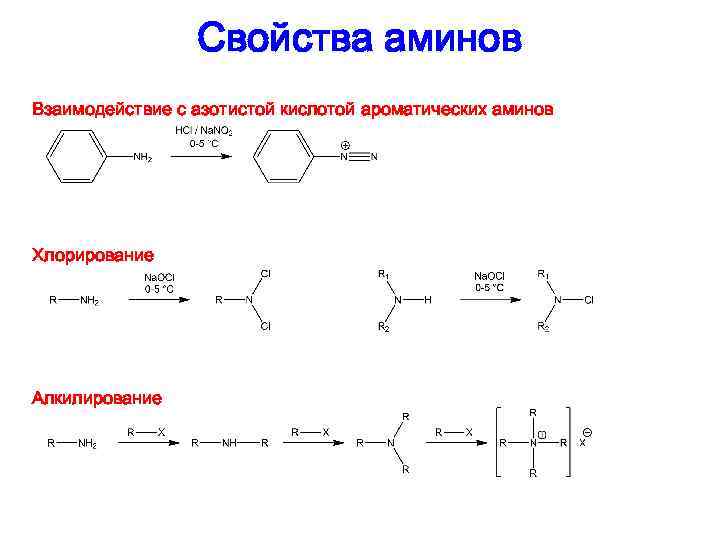 Свойства аминов Взаимодействие с азотистой кислотой ароматических аминов Хлорирование Алкилирование 