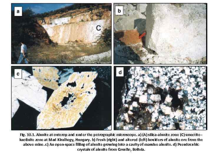 Fig. 10. 1. Alunite at outcrop and under the petrographic microscope. a) (A) silica-alunite