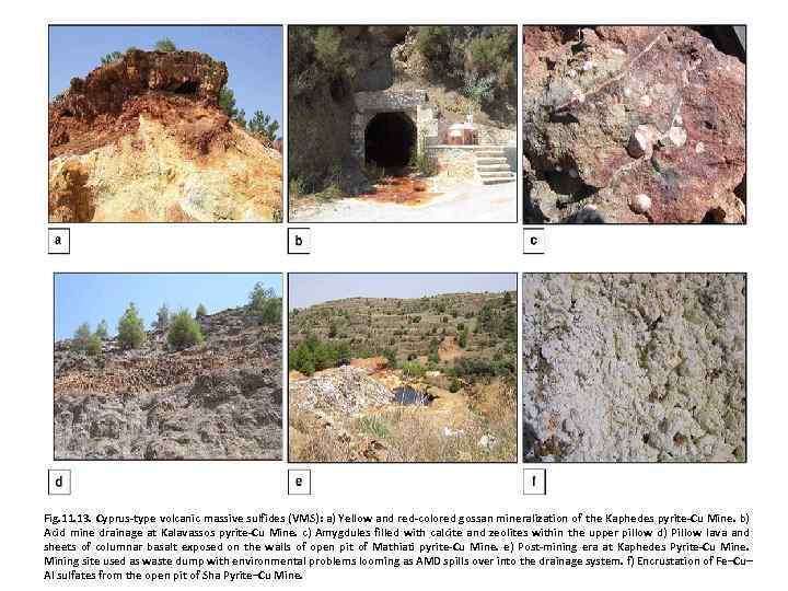 Fig. 11. 13. Cyprus-type volcanic massive sulfides (VMS): a) Yellow and red-colored gossan mineralization