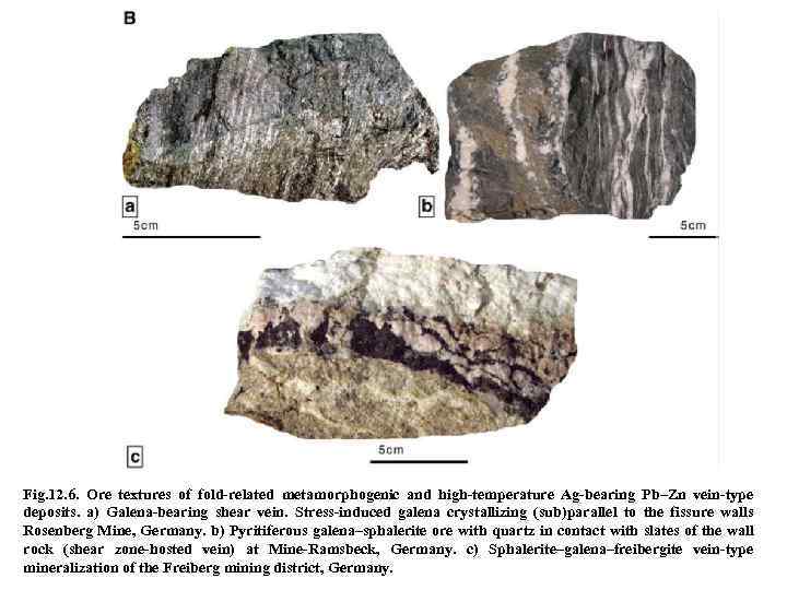 Fig. 12. 6. Ore textures of fold-related metamorphogenic and high-temperature Ag-bearing Pb–Zn vein-type deposits.