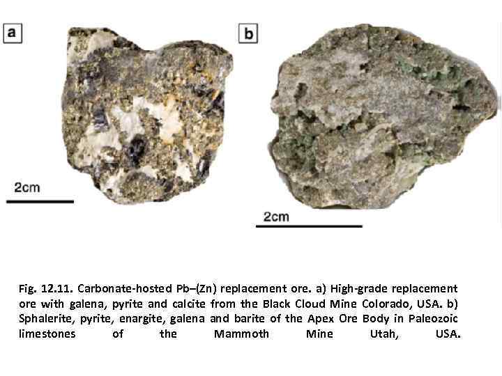 Fig. 12. 11. Carbonate-hosted Pb–(Zn) replacement ore. a) High-grade replacement ore with galena, pyrite