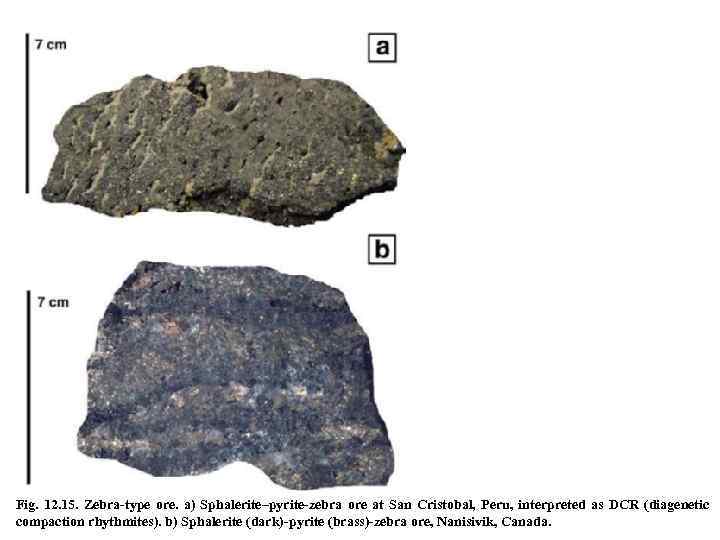 Fig. 12. 15. Zebra-type ore. a) Sphalerite–pyrite-zebra ore at San Cristobal, Peru, interpreted as
