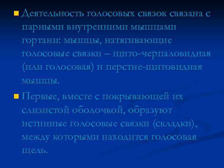 n Деятельность голосовых связок связана с парными внутренними мышцами гортани: мышцы, натягивающие голосовые связки