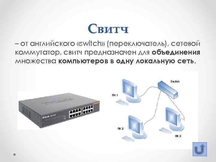 Свитч – от английского «switch» (переключатель), сетевой коммутатор, свитч предназначен для объединения множества компьютеров