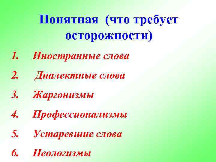 Понятная (что требует осторожности) 1. Иностранные слова 2. Диалектные слова 3. Жаргонизмы 4. Профессионализмы