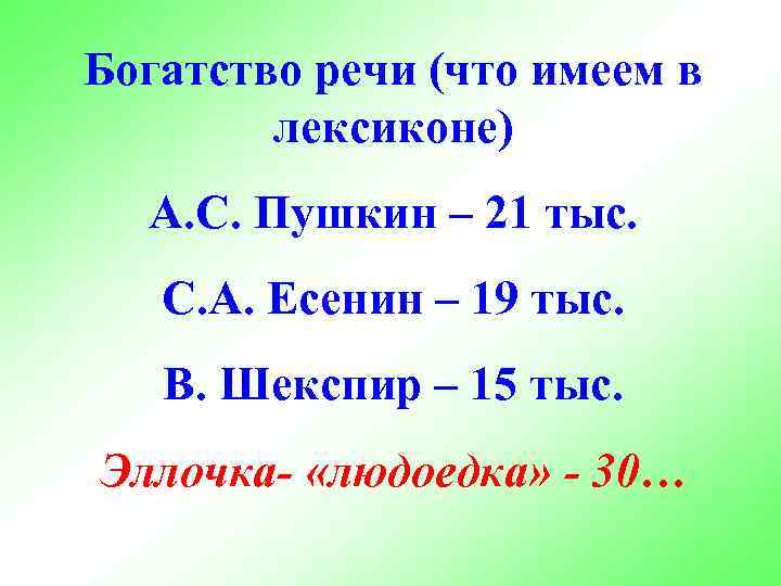 Богатство речи (что имеем в лексиконе) А. С. Пушкин – 21 тыс. С. А.