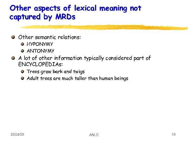 Other aspects of lexical meaning not captured by MRDs Other semantic relations: HYPONYMY ANTONYMY