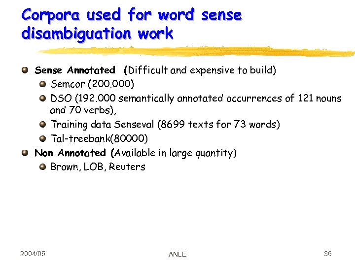 Corpora used for word sense disambiguation work Sense Annotated (Difficult and expensive to build)