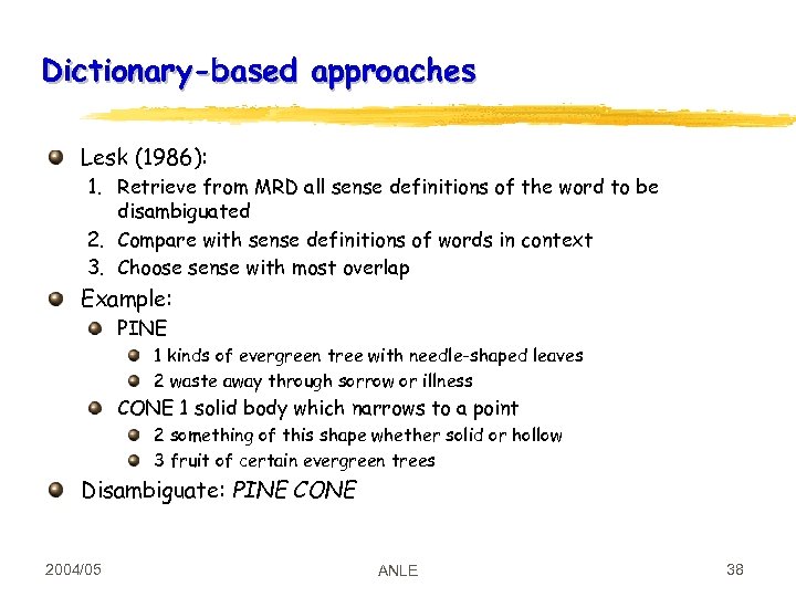 Dictionary-based approaches Lesk (1986): 1. Retrieve from MRD all sense definitions of the word