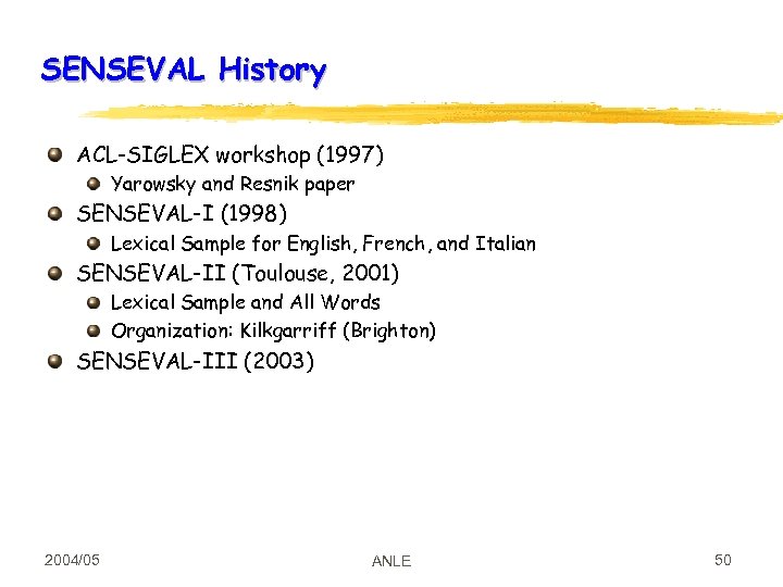 SENSEVAL History ACL-SIGLEX workshop (1997) Yarowsky and Resnik paper SENSEVAL-I (1998) Lexical Sample for